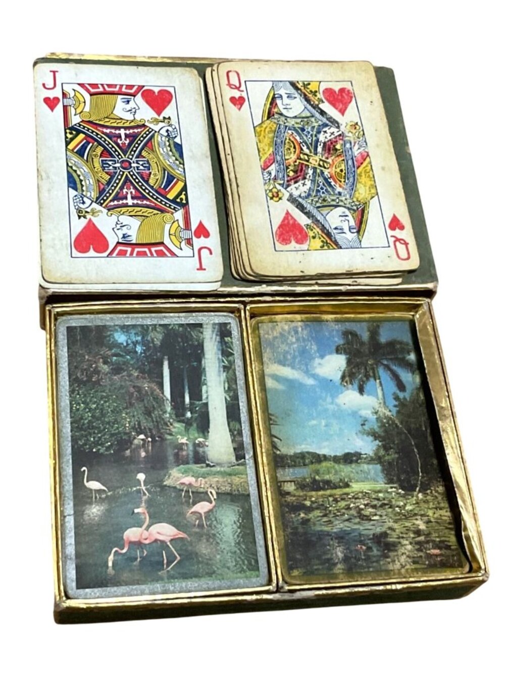Vintage Duratone Plastic Coated Double Deck Playing Cards Flamingos Palm Trees